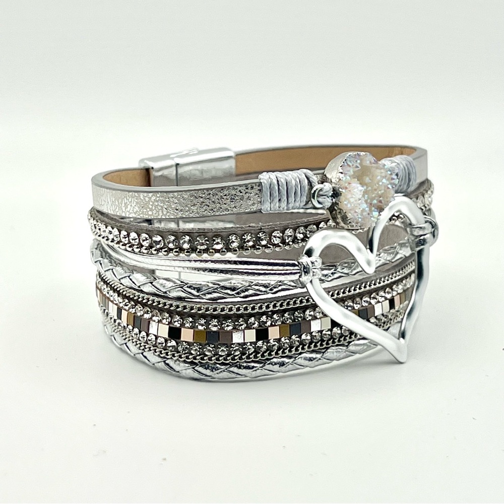 Boho Style Multilayer Silver Heart Charm and Druzy Stone Bracelet - Picture 3 of 6